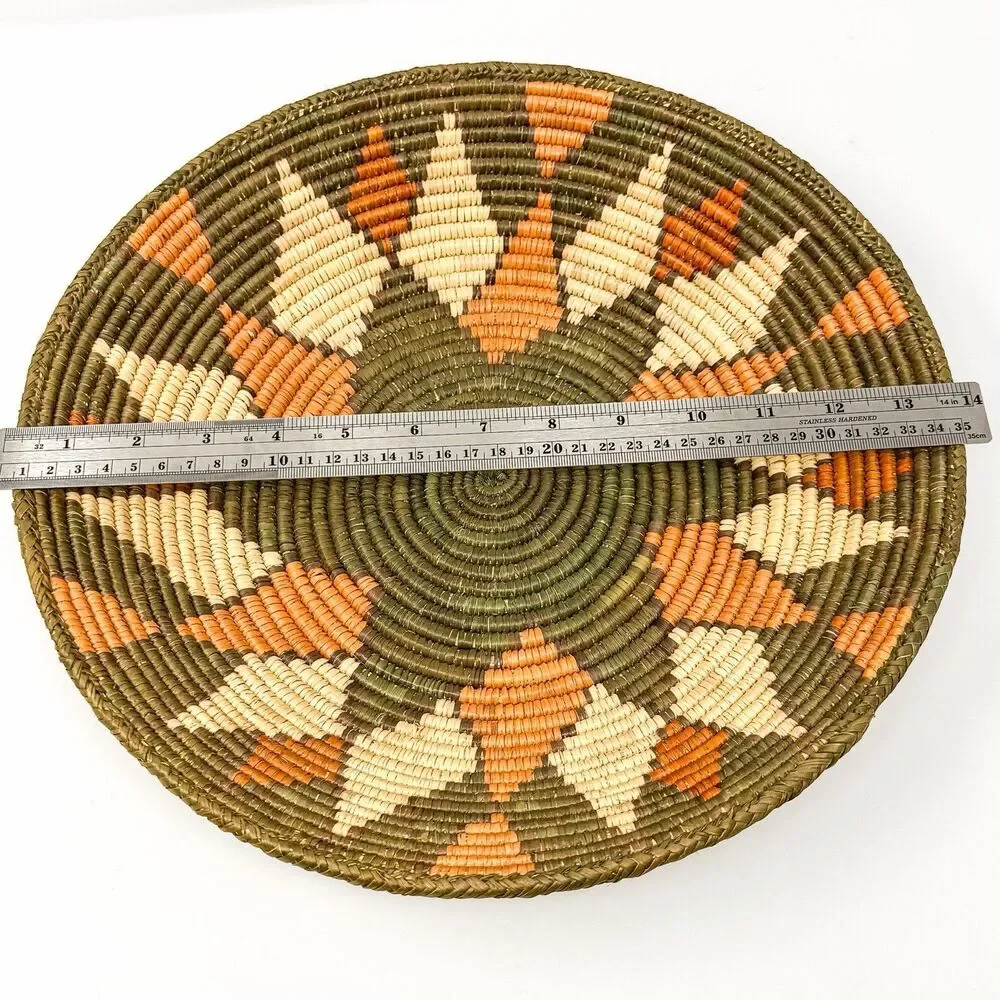Woven Raffia Basket with Sun Motif in Orange and Green